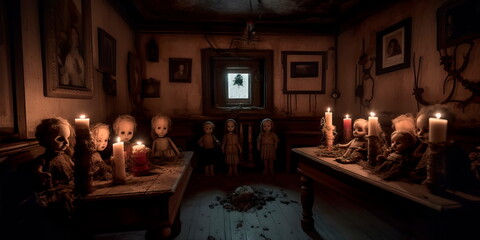 sinister mansion with creepy dolls and portraits lining the walls, with flickering candles and creaking floorboards adding to the spooky ambiance. Generative AI