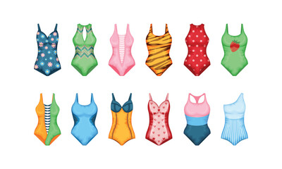 Fototapeta na wymiar Swimwear set. A set of four swimsuits in different colors. Women s beachwear. A bathing accessory. Vector illustration