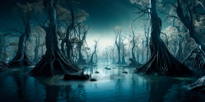 cursed swamp with twisted trees and murky waters, with ghostly apparitions and a full moon casting an eerie glow, evoking a sense of dread and foreboding. Generative AI