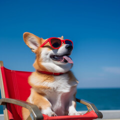 close up of a happy Pembroke Welsh Corgi dog with red frame sunglasses is relaxing on a fancy deck chair.   Generative AI