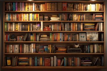 A wall-mounted bookshelf filled with hardcover. generative AI