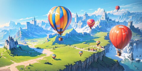 anime style landscape background, hot air balloons, hotair balloon, castle, field, snow, hill, mountain, blue sky, sunny, generative ai, generative, ai