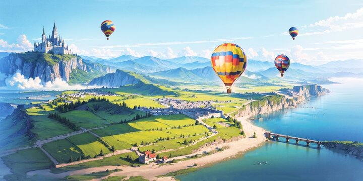 anime style landscape background, hot air balloons, hotair balloon, castle, field, snow, hill, mountain, blue sky, sunny, generative ai, generative, ai