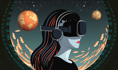 Vector Illustration Of Young Woman Wearing VR Box With Headphone On Outer Space Background.