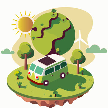 Vehicle Roof Solar Panel On Nature Background With Earth Globe, Sun, Windmill Illustration. Ecosystem and Earth Day Concept.