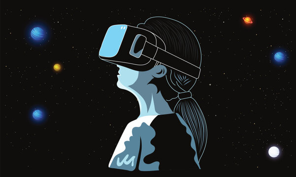 Young Woman Character Watching Outer Planet Through VR Box At Night.