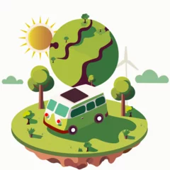 Fotobehang Vehicle Roof Solar Panel On Nature Background With Earth Globe, Sun, Windmill Illustration. Ecosystem and Earth Day Concept. © Abdul Qaiyoom