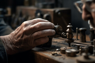 a worker's hand operating a lathe. generative AI