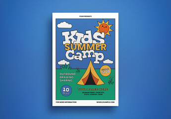 Blue Flat Design Kids Summer Camp Flyer Set Layout