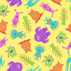 Colorful seamless pattern with cute aliens. Funny monsters on the yellow background. Vector illustration in a flat style. Pattern for wallpaper, fabric and kids items