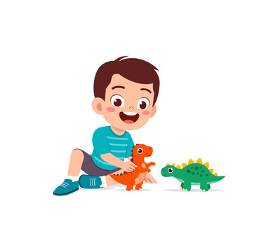 Little Kid Play With Dinosaur Toy And Feel Happy