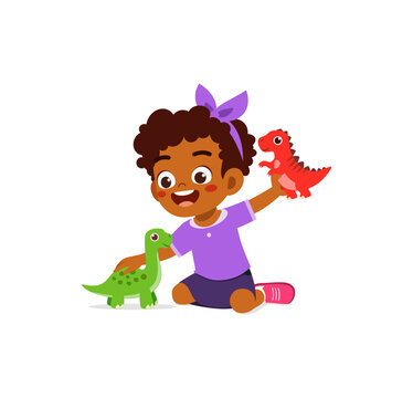 Little Kid Play With Dinosaur Toy And Feel Happy