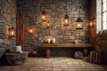 bathroom with a stone wall and a set of decorative lanterns. generative AI