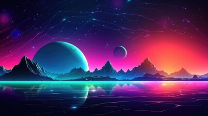 Neon fantasy landscape with moon water and mountains,  Metaverse Virtual Reality Landscape, fantasy world with heavy neon glowing, music video background and dj concert graphics