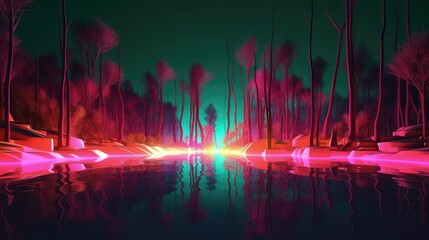 neon 3d abstract landscape virtual reality metaverse world, background with glowing geometric shapes and seascape, terrain, neon water, heavy glow,  panoramic view, futuristic world, colorful glow