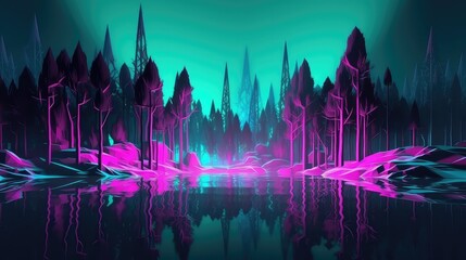 neon fantasy landscape and virtual reality metaverse world, background with glowing geometric shapes, futuristic world with colorful glow