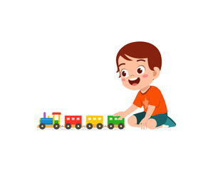 little kid playing toy train made from plastic and feel happy