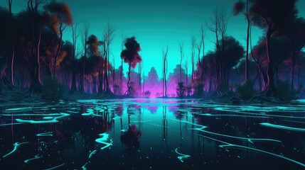 neon 3d abstract landscape virtual reality metaverse world, background with glowing geometric shapes and seascape, terrain, neon water, heavy glow, panoramic view, futuristic world, colorful glow