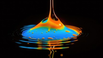 Neon liquid glass, neon water drop on the reflective surface, metaverse virtual environment and fantasy world with heavy neon glowing, music video background and dj concert graphics