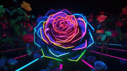 Fototapeta na wymiar neon lower rose, 3d abstract landscape virtual reality metaverse world, background with glowing geometric shapes and seascape, terrain, neon water, heavy glow, panoramic view, futuristic world, color