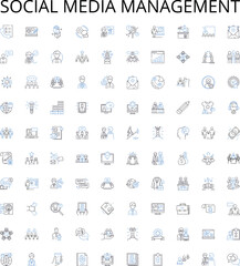Social media management outline icons collection. Social, Media, Management, Networking, Monitoring, Scheduling, Engagement vector illustration set. Content, Posting, Strategy linear signs