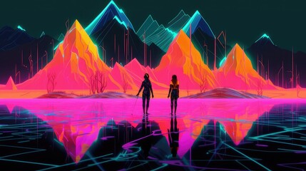 neon 3d abstract landscape virtual reality metaverse world, background with glowing geometric shapes and seascape, terrain, neon water, heavy glow,  panoramic view, futuristic world, colorful glow