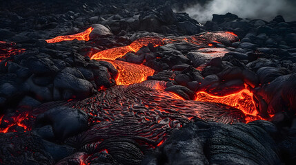 Red lava on a black volcanic ground