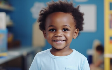 Black dark-skinned african american cute happy smiling boy at nursery or playroom. Generative AI