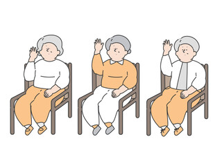 手を挙げる高齢女性　イラスト