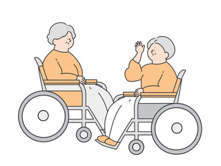 すれ違い様に挨拶をする車椅子に乗った高齢女性　イラスト