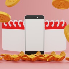 Smartphone blank display with Calendar icon and coins stack, digital wallet.Shopping mobile app,coinsCashback and banking,money-saving.Mock up space,Isolate background.3d render illustration