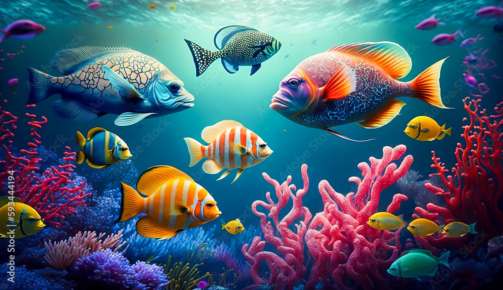 Wall mural group of colorful fish and sea animals with colorful coral underwater in ocean, generative ai