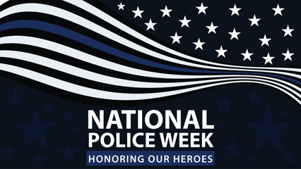 National Police Week vector banner design with American flag theme style with stripes, stars, typography, blue white and black colors. simple modern poster background celebrating National Police Week.