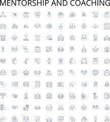 Mentorship and coaching outline icons collection. Mentorship, Coaching, Guidance, Development, Support, Training, Education vector illustration set. Advice, Encouragement, Relationship linear signs