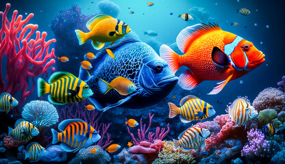 Obraz na płótnie Canvas group of colorful fish and sea animals with colorful coral underwater in ocean, Generative AI