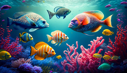 Naklejka na ściany i meble group of colorful fish and sea animals with colorful coral underwater in ocean, Generative AI