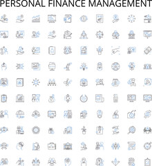 Personal Finance Management outline icons collection. Budgeting, Saving, Investing, Planning, Credit, Insurance, Retirement vector illustration set. Tax, Debt, Paying linear signs
