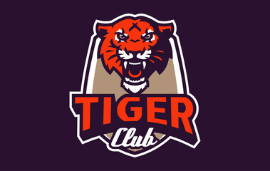Sports logo with tiger mascot. Colorful sport emblem with tiger mascot and bold font on shield background. Logo for esport team, athletic club, college team. Isolated vector illustration