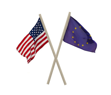 2 two Flags of United States of America and flag of Euro Union. White sky background. Dominance and control concept. European union.  North America, USA. isolated on white background.
