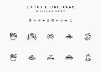 Healthy Meal Includes Vegetable Salad, Plate of Fish, Pancake, and Smoothie Juice. Vector Line Icons Set. Editable Stroke. 96 x 96 Pixel Perfect.