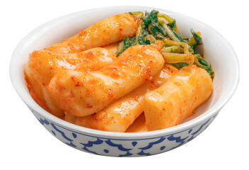 Bachelor kimchi on white background or Radish kimchi with Ponytail radish Korean traditional fermented vegetable a side dish at meals on white background PNG file.