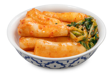 Bachelor kimchi on white background or Radish kimchi with Ponytail radish Korean traditional fermented vegetable a side dish at meals isolate on white background.