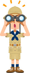 双眼鏡を覗いてなにかを発見する男性探検家
