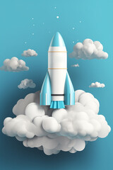 White Rocket Model Flying Through Cloudy Blue Skies as a Symbol of Startup Success and Innovation
