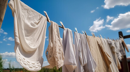 White laundry hanging on rope outdoors. Laundry room with blue sky and white towels hanging on clothesline. Generative AI.