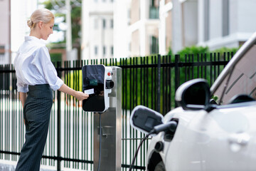 Credit card payment for eco-friendly clean and sustainable energy for electric vehicle at charging...