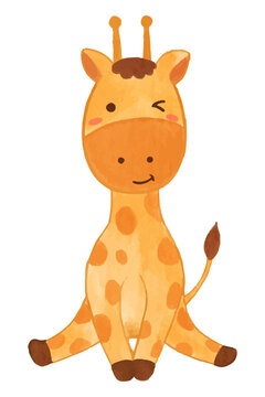Giraffe . Watercolor paint design . Cute animal cartoon character . Sitting position . Vector .