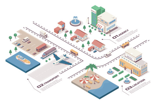 Travel agency concept 3d isometric web infographic workflow process. Infrastructure map with company office, hotel near beach, transport, buildings. Vector illustration in isometry graphic design