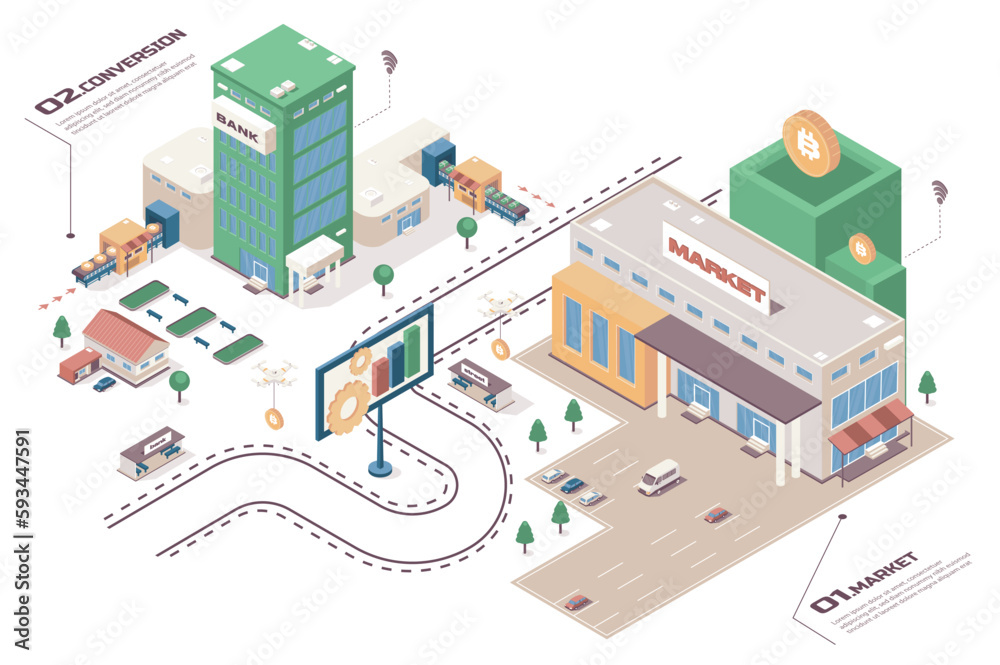 Leinwandbilder Crypto market concept 3d isometric web infographic workflow process. Infrastructure map with market building, conversion transactions, currency trade. Vector illustration in isometry graphic design