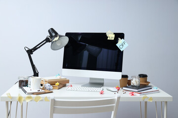 Messy office workplace, workplace and workspace concept